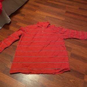 men’s red shirt with horizontal white lines